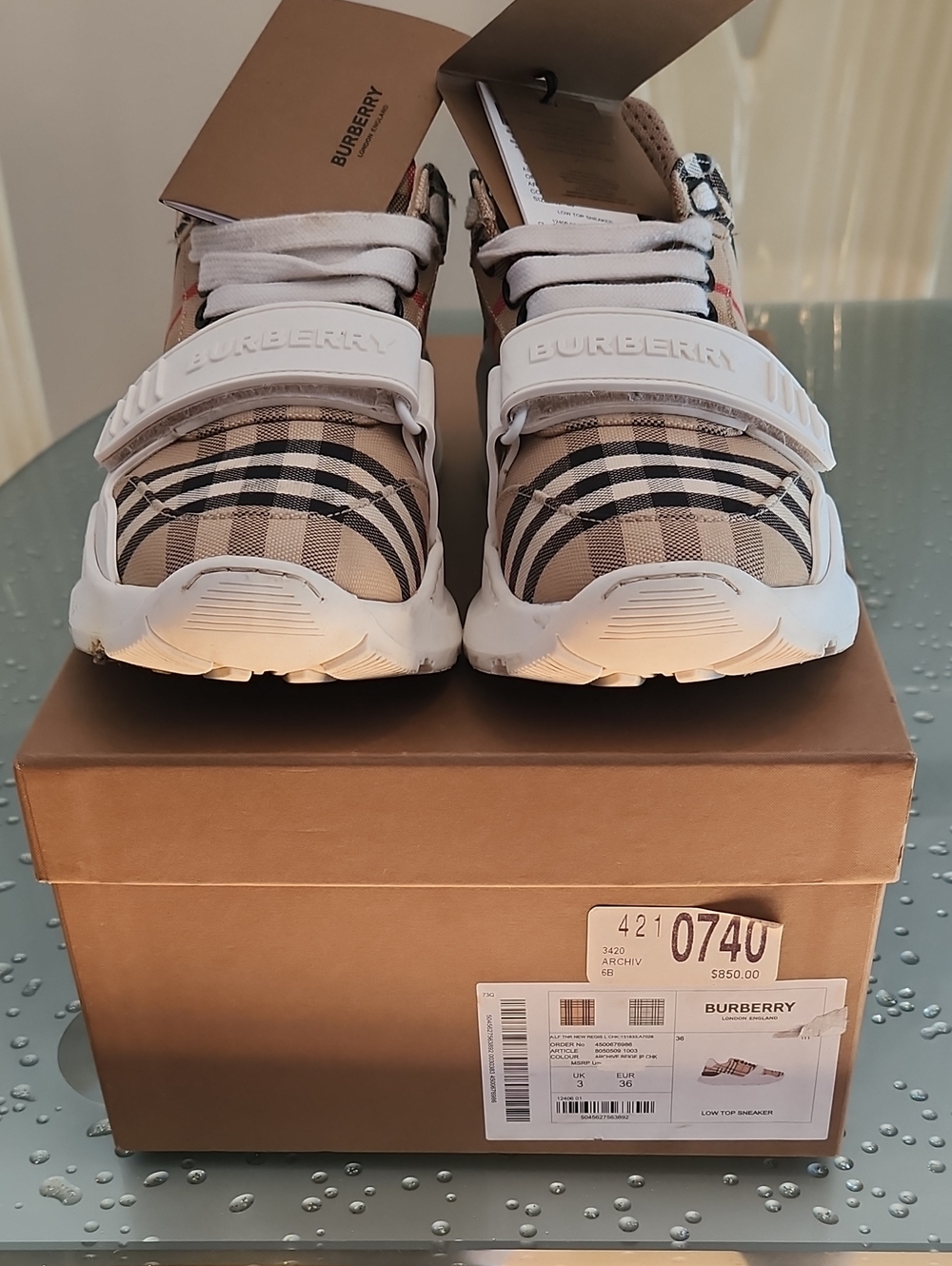Burberry Beige Check Lace-Up Sneakers with White Strap